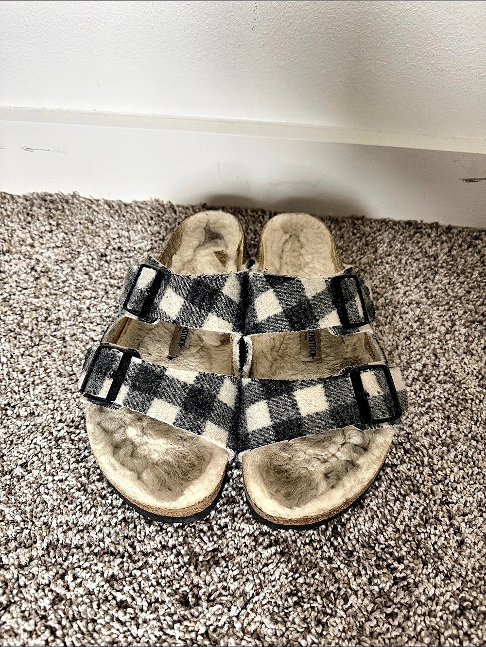 Birkenstock Arizona Shearling Buffalo Check Sandals Black & White